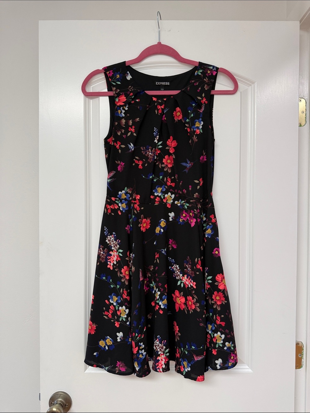 Express Black Floral Dress with Red & Blue Blooms